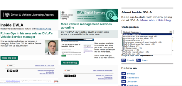 Screen shots of Inside DVLA and DVLA Digital Services blog homepages