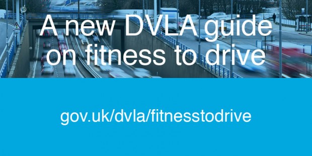 Vehicles on a road and hyperlink for new guidance (gov.uk/dvla/fitnesstodrive)